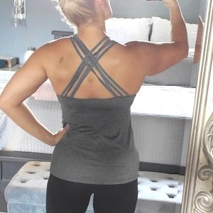 Gray strappy cross back workout tank top
